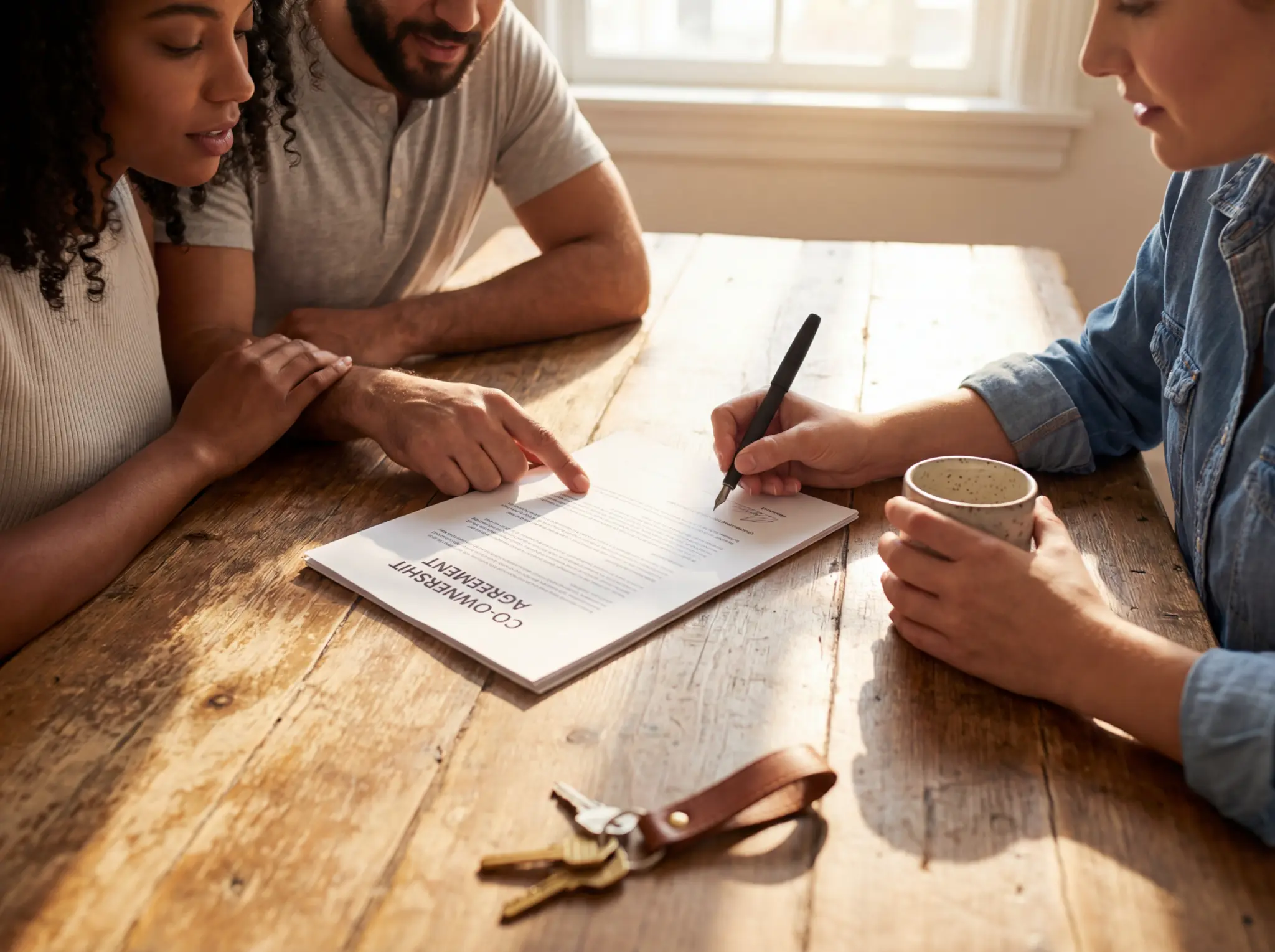 Friends reviewing a co-ownership agreement document together