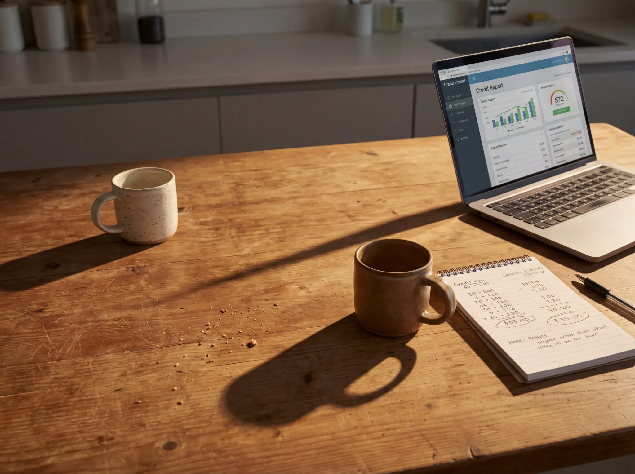 Kitchen table with coffee mugs, laptop, and notepad