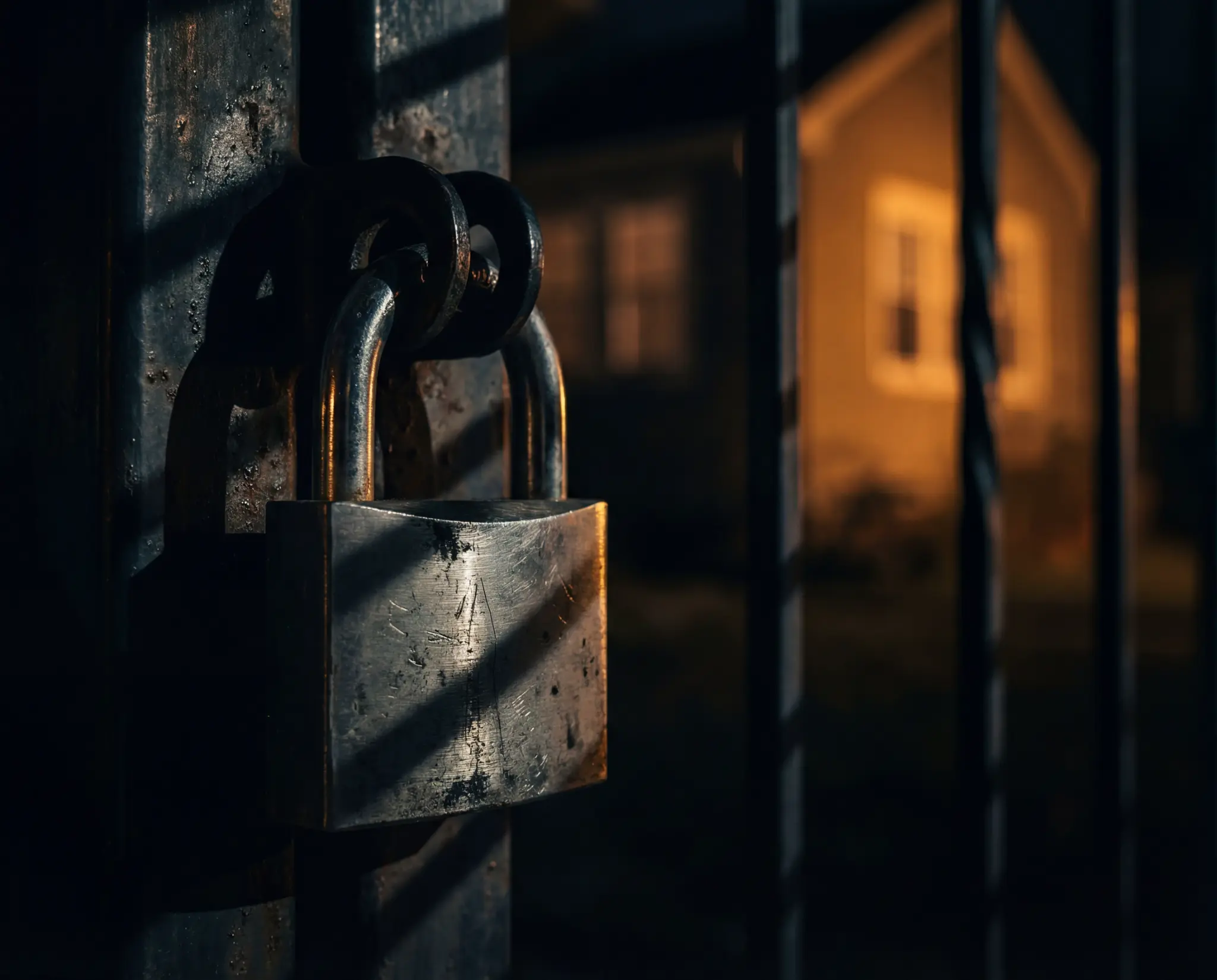 Padlock on gate with house in background